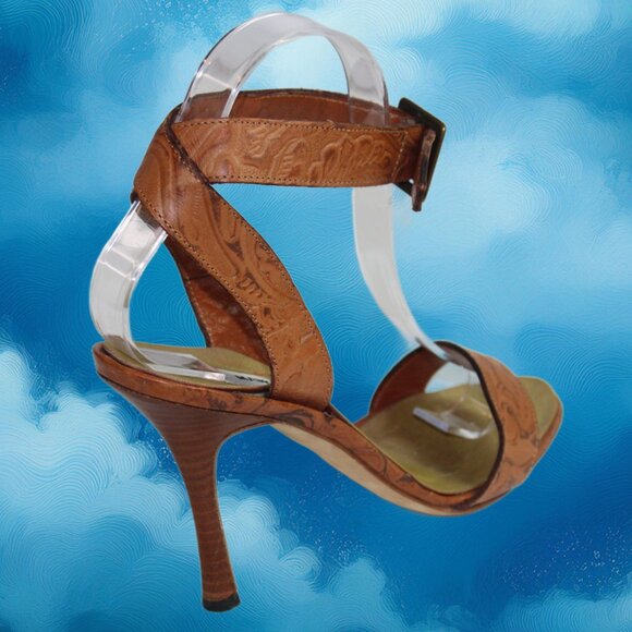 Manolo Blahnik Embossed leather Ankle Wrap Peep Toe Stiletto Sandal Size 36.5 - Picture 8 of 11